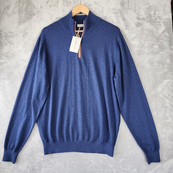 Collars & Co Quarter Zip Sweater Mens Size Large Cotton Cashmere Indigo Blue NEW - Picture 2 of 10